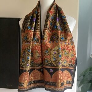 Vakko Black/Red  Silk Rectangular Scarf with Gold/Jewel Tone Design